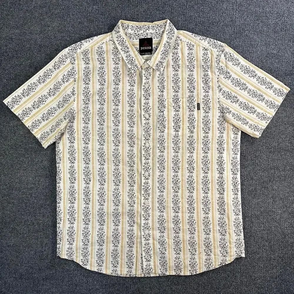 PrAna Men’s Vertical Floral Stripe Button Up Shirt Y2K 90s Grunge Cottagecore XL - Picture 2 of 8